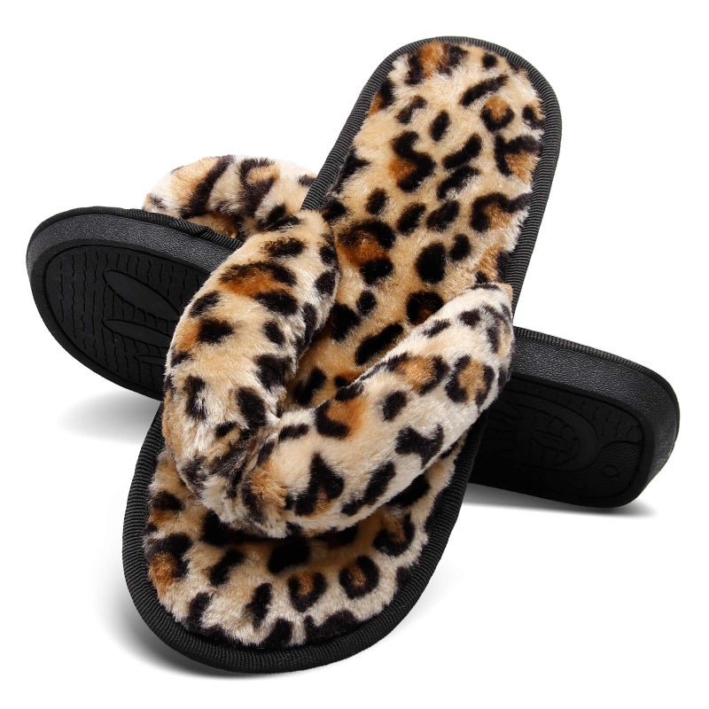 JOINFREE Women's Fuzzy Indoor Slippers Fluffy Warm Bedroom Slippers Slides for Women Leopard Gold 9.5-10.5 M US - Image 5